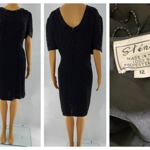 Vintage Silk 80s Sequined Beaded Trophy Cocktail DRESS Negro LBD Glam 12 Large Stenay Gorgeous Party Outfit