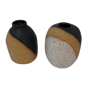 Vintage Pair Small Pottery Vases Earthtones Brown Tan Miniature Pottery Jars