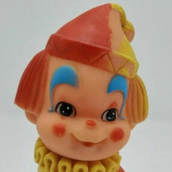 Vintage 6.5" Clown Squeaky Squeeze Toy Rubber Doll Taiwan 50s 60s Red Yellow, 1950s Toys, 1960s Toys, Clown Doll, Rubber Clown, Clown Toy