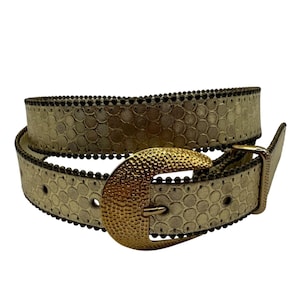 Vintage Gold Textured Belt Hammered Buckle Small Studded Edge Statement Belt, Shiny Disco Leather