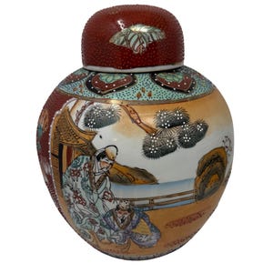 HUGE Mid 20th Century Chinese Geisha & Warrior Figural Ginger Jar Multicolor 10.5&quot; x 9&quot; Japan Asian Ceramic Urn, Porcelain ginger jar