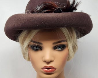 Vintage Brown Wool Felt Meril Hat With Feathers & Netting