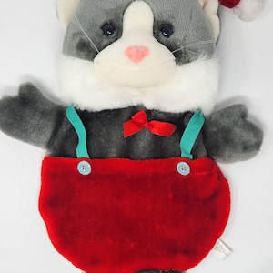 Vintage Cat Stocking Grey Kitty Santa Hat Bib Overalls Velvet Flocked Nose Kitten Plush Stuffed Red Christmas, 23&quot; long, Santa&#39;s Best?