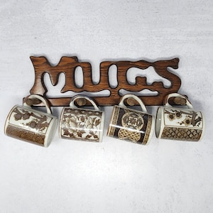 Vintage Wood Mug Rack Retro Seventies Style Boho Country Kitchen Hanging Hooks Coffee Cups
