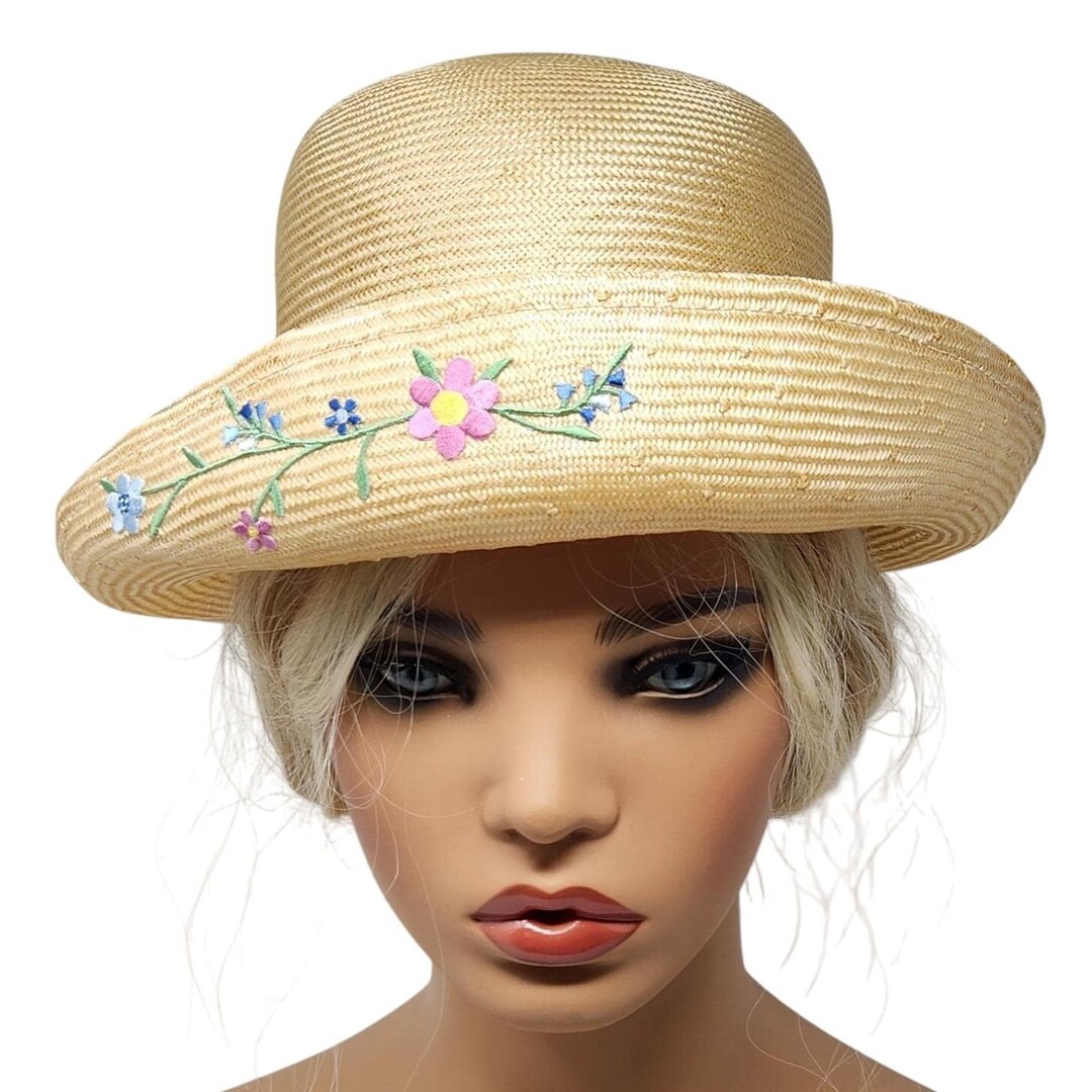 Vintage Kathy Jeanne Womens Straw Boater Hat Embroidered  display picture 1