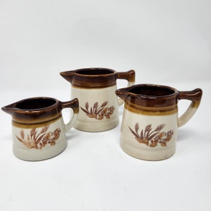 Vintage CottageCore Stoneware Pitcher Set - Miniature Wheat Brown & Cream - Rustic Kitchen Décor