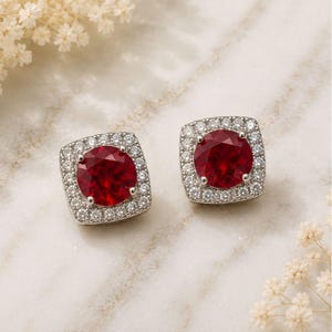 Vintage Ruby Red Swarovski Crystal Halo Stud Earrings Sterling Silver Overlay