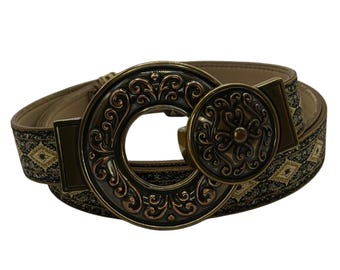 J Crew Y2k 100% Silk Belt Black White Damask Print Gold Tone  display picture 1