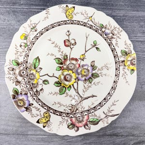 Alfred Meakin Medway middagstallrik blommig flerfärgad brun transferware 1930-tal