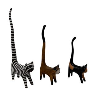 Set of 3 Vintage Hand Carved Wooden Cat Figurines, Long Tail Cat Statues, Whimsical Cat Decor, Striped Black & Brown Cat Sculptures