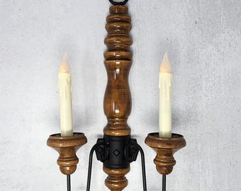 Vintage Wood & Wrought Iron Double Candle Sconce, Farmhouse Decor