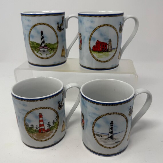 Lighthouse Coffee Mugs Set of 4 Porcelain American Atelier Signals 5139 Tea  Cups Anchor's Away Coastal Nautical Dishwasher Microwave Safe - Etsy