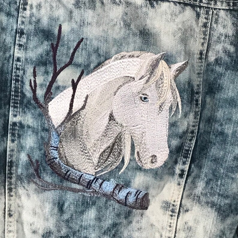 L Unique OOAK Vintage Jean Jacket Vintage Denim Womens Vintage Blue Distressed Jean Jacket EMBROIDERED Jacket Horse Spirit Animal sz M