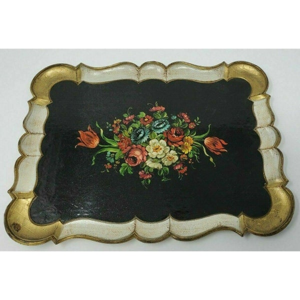 Vintage Italien 1960er Melamin Melmac Tablett Schwarz Tole Bemalt Blumen Servieren, Melamin Platte, Vintage, Melamin Platte, Serviertablett