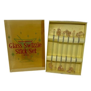 Vintage Boston Warehouse glazen roerstaafjes set van 6 roze olifant roerstaafjes retro bargerei cocktailaccessoires in originele doos