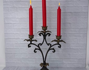 Vintage Ornate Wrought Iron and Brass 3 Arm Candelabra Candle Holder 12&quot; tall, Candelabra Antique Brass, 19th Century, Ornate Brass