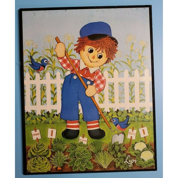 Wood Raggedy Ann Andy Vintage Wall Plaque Set by Lyn Stapco NY