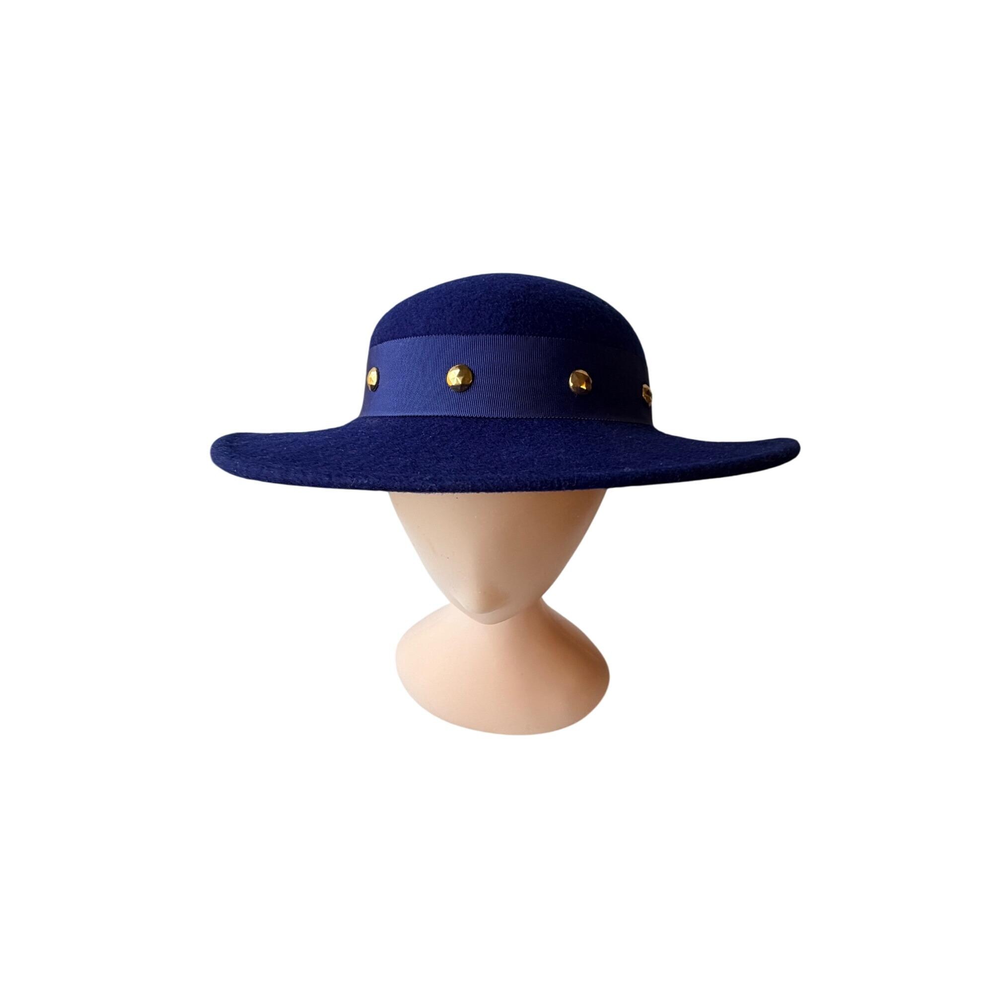 Vintage Arlin Navy Blue Wool Sheer Organza Bow Accent Mid Century Fashion Hat Vintage Navy Blue Velvet Hat: 1950s Style Wide Brim With  main image 4