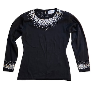 Vintage 90s Small Medium Sweater Black Sequin Silk Jeweled Gems Glamorous, Tailored, Glam, New Old Stock, New Vintage, Retro, 80s, 1990s