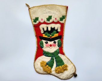 Vintage Completed Bucilla Christmas Stocking Snowman With Scarf Handmade Gorgeous Christmas Stocking, Bucilla Stockings, Homemade, Heirloom