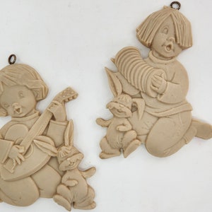 Vintage Wall Décor Resin Plaques Girl and Boy with Rabbits Accordion & Lute Nursery Décor Kitschy Décor