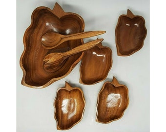 Vintage TIKI Mid Century Monkeypod Träblad Salladsskålsset Serveringsskål 7-delat set, Trä, Träskål, Vintage, Heminredning