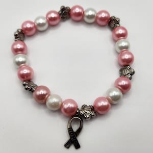 Breast Cancer Pink Ribbon Silver Charm Pearl Bracelet 90s Vintage, Breast Cancer Awareness, Stretch Bracelet