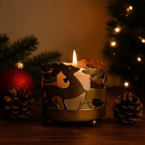 Vintage Christmas Brass Reindeer Candle Holder, Mid Century Holiday Decor, Made in India, Pillar Holder, Christmas Mantel Accent