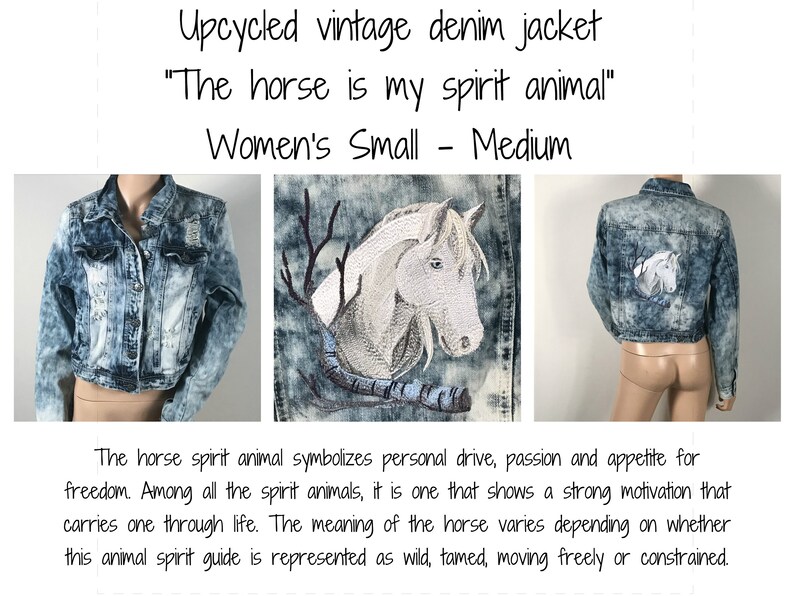 L Unique OOAK Vintage Jean Jacket Vintage Denim Womens Vintage Blue Distressed Jean Jacket EMBROIDERED Jacket Horse Spirit Animal sz M
