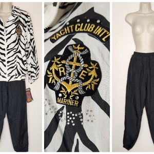NWT Vintage Windbreaker Track Suit Jacket Wind Pants 80s Nylon Small Black White Zebra Stripe, Streetwear, Retro, 90s, Windbreaker Tracksuit