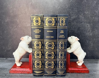 Cast Iron White English Bulldog Bookends Dog Decor Vintage Pair Red Base