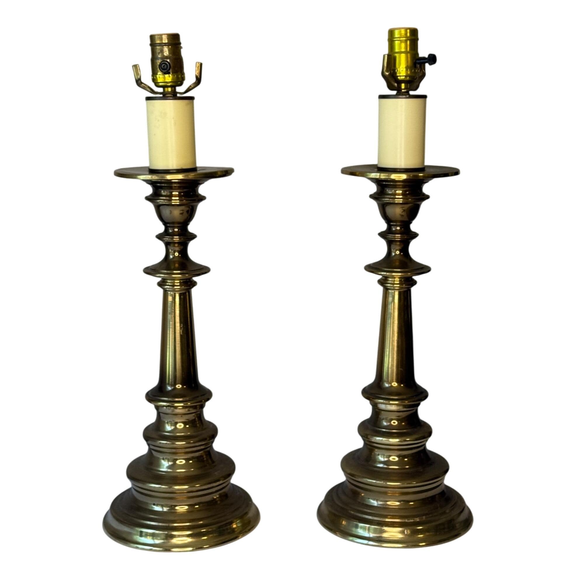 Pair Vintage 60s 70s Traditional Brass Fat Candlestick Study Lamp