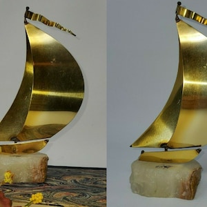 Vintage John Demott Signed Mid Century Brass Sailboat Sculpture Onyx Quartz Base 8&quot;, Mcm, Brutalist, Mid Century Art, Boat, John Don Demott