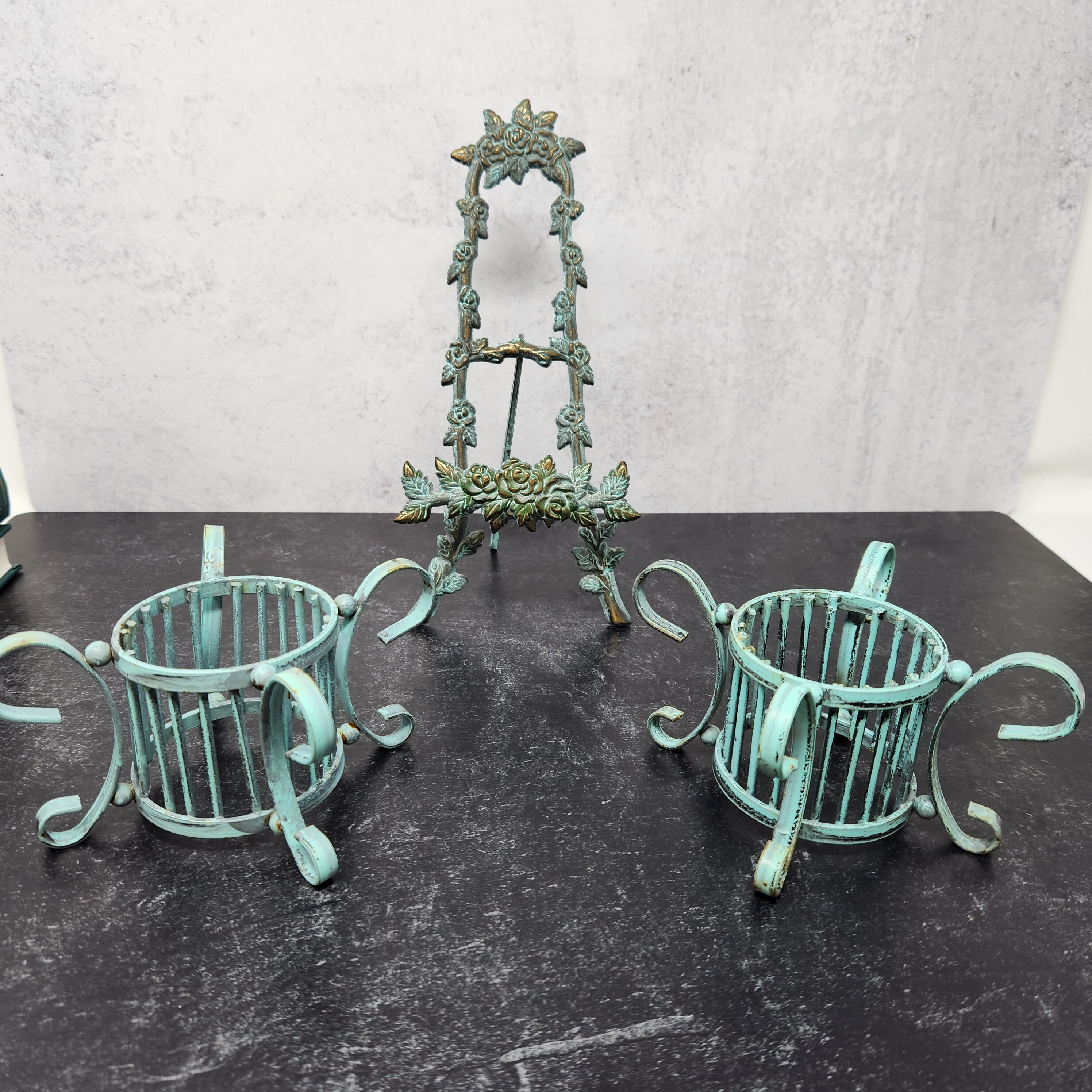 Vintage Set Turquoise Blue Brass Sphere Stands Photo Holder