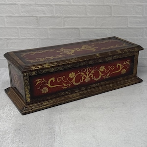 Vintage Wine Coffin / Casket Red & Gold Scroll Floral Wood Box, Bottle Holder, Decorative Wooden Box, Mantle Box, Elegant