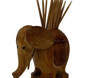 Vintage MCM Elephant Toothpick Holder, Wood, Bar Cart Pick Holder, Appetizers, Cocktails, Charcuterie Boards (F)