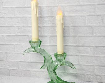 Vintage Rattenberg Bleikristall? Half Moon Candle Holder Mint Green Glass Double Candelabra, Candlestick
