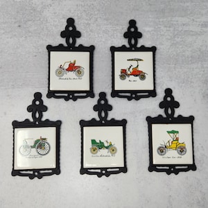 Lot of 5 Small Cast Iron Ceramic Tile Trivets Old Antique Cars 6.75” Tall Japan, Farmhouse Decor, Kitchen Decor, Wall hanging