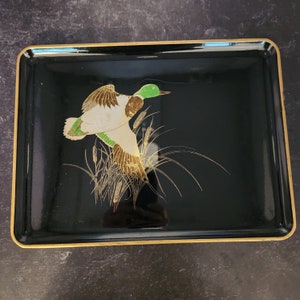 Mid-Century Otagiri Lacquerware Tray Mallard Duck Cattails 14&quot; x 10.5&quot; Black & Gold MCM Serving Tray, Vintage Barware, Drink Tray, Appetizer