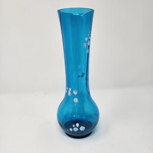 Vintage Small Dainty Blue Turquoise Glass Vase Vases Bulbous Hand Painted Floral 7-5/8&quot; Tall Bud Vase