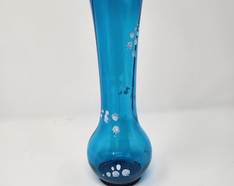 Florero vintage pequeño y delicado de cristal azul turquesa, Florero bulboso pintado a mano con flores de 7-5/8 pulg. de alto