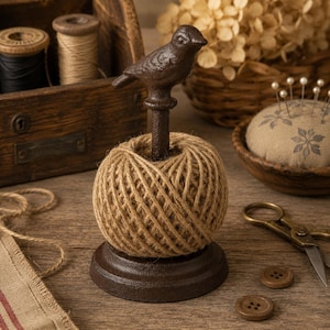 May include: A brown cast iron twine holder featuring a bird figurine perched on a central vertical rod. The holder contains a round ball of natural tan jute twine and sits on a circular base. The design is functional for holding string.