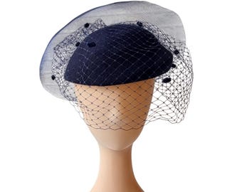Elegant Vintage 1950\'s Navy Wool Hat with Pearl Detail Vintage 1950s Navy Wool Hat | Net Veil & Pearl Trim | Union  main image 4