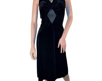 Vintage Black Dress Velvet Halter Dress Tie-At-Neck Beaded Dress Maxi Dress sz 10 Large Dress Sheer Dress, Burnout, Vintage, Vintage Dress