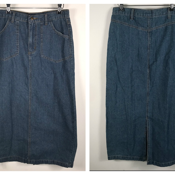 Vintage Women's Denim Skirt High Waisted Jean Long Pockets Mid Wash Medium Jean Skirt Modest Skirt Modesty Skirt Hippie Skirt Boho Skirt