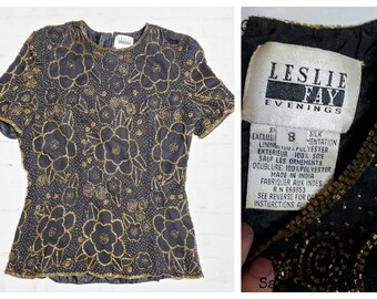 Vintage Leslie Fay  Evening Cocktail Blouse sz Medium 8 Black Silk Gold Beaded Top Shirt