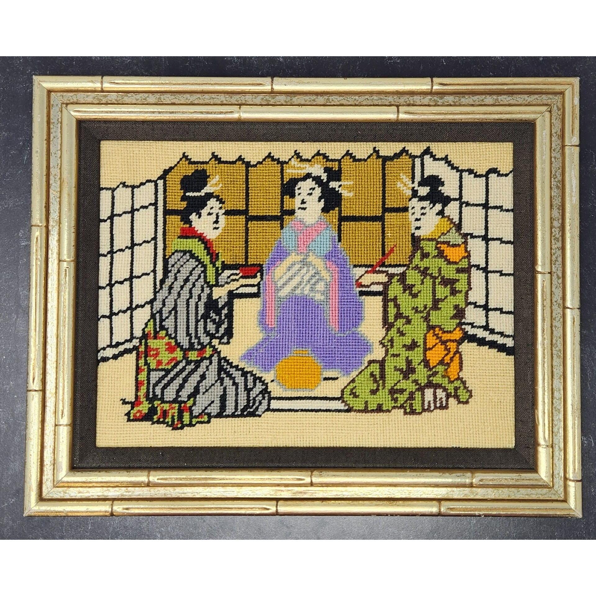 Vintage 1960s Asian Chinoiserie Cross Stitch Needlepoint Art Gold