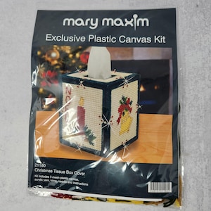 Vintage Mary Maxim Christmas Plastic Canvas Tissue Box Kit, Noel, Candles, plastic canvas patterns, plastic canvas sheets