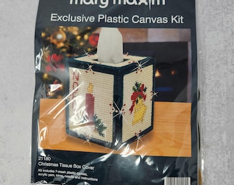 Zestaw Vintage Mary Maxim Christmas Plastic Canvas Tissue Box Kit, Noel, świece, wzory na plastikowe płótna, arkusze plastikowego płótna