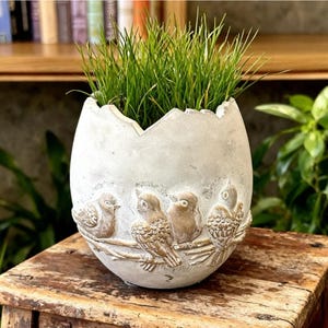 Bird Egg Planter Cement Look Cottage Garden Decor Storybook Style